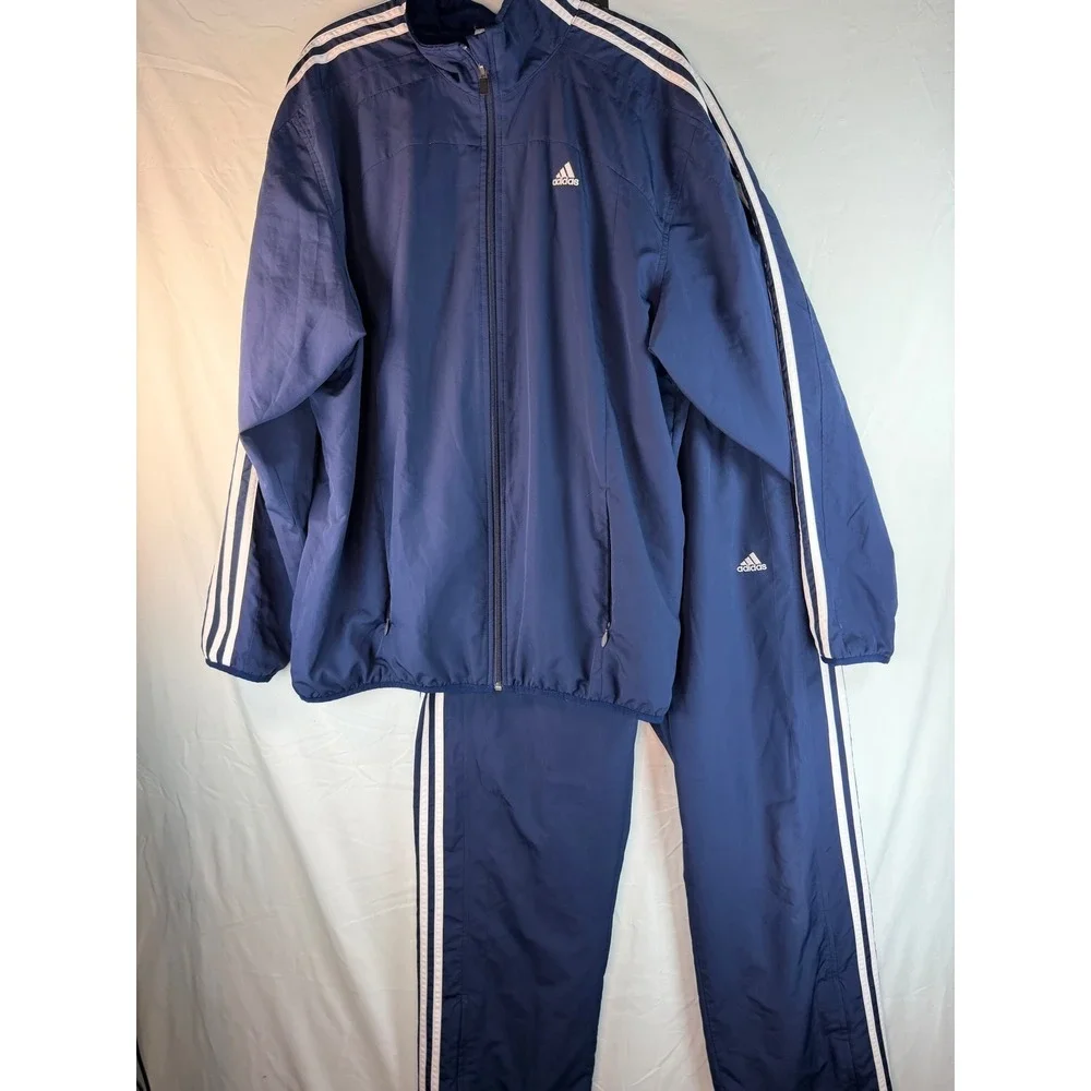 Adidas Mens Navy Blue Tracksuit Set 3 Stripe Full Zip Jacket & Pants‎ Size Large